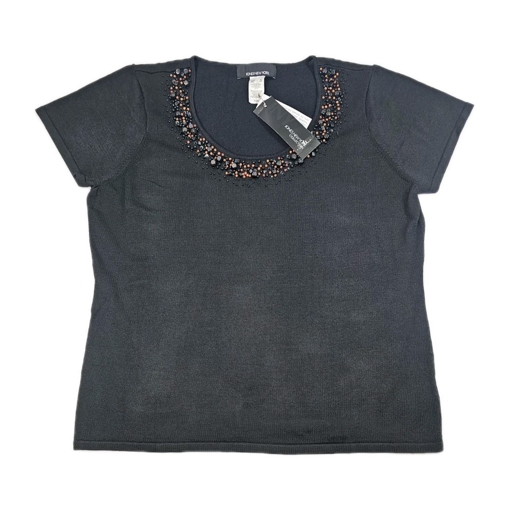 Jones New York Womens XL Black Blouse Embroidered Stone Bead embellishement Top